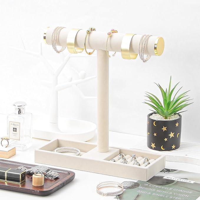 Justsoso Multi-Use Jewelry Holder Stand, Necklace Bracelet Ring Organizer Stand, Scrunchie Watches Velvet Jewelry Holder Stand With Tray for Women Girls Home Use(Beige with Lid)