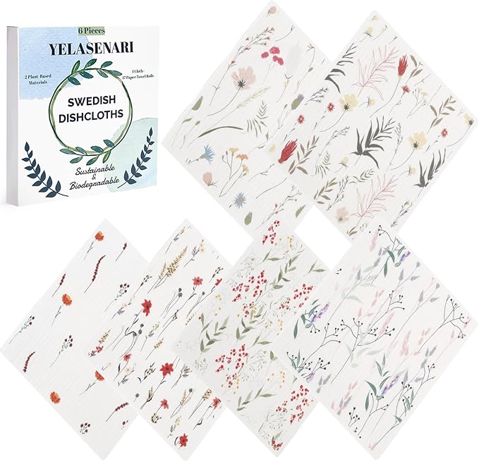 Yelasenari Swedish Dishcloths for Kitchen Reusable 6 Pack Kitchen Towels No Odor Quick-Drying Reusable Paper Towels Reusable Paper Towels Washable for Countertop, Sink, and Kitchen Flower