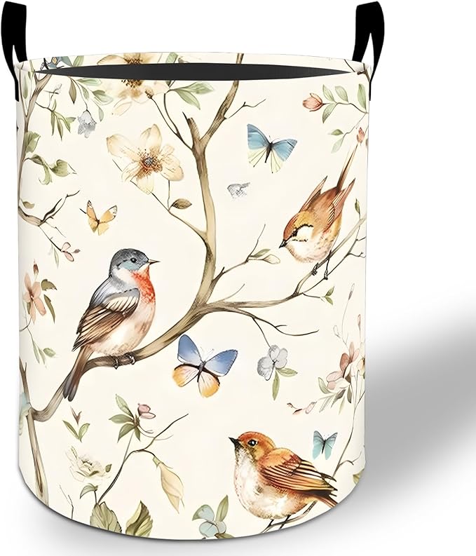 Birds and Butterfly Laundry Basket Hamper 19.7"x15.8", Floral Foldable Waterproof Oxford Clothes Storage Bucket for Room Bathroom Bedroom Nursery Decor, Toy Organizer Bins Gifts for Kids Boys Girls