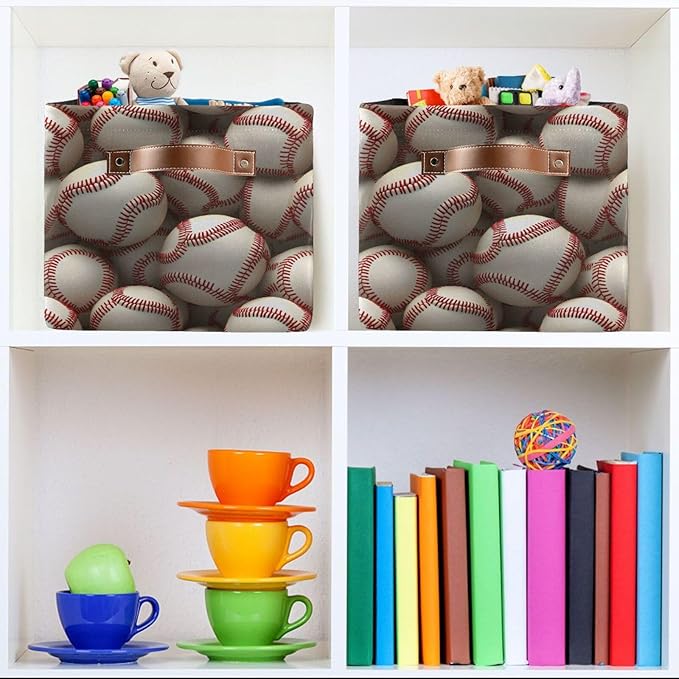 ALAZA Baseball 3D White Foldable Storage Box Storage Basket Organizer Bins with Handles for Shelf Closet Living Room Bedroom Home Office 1 Pack