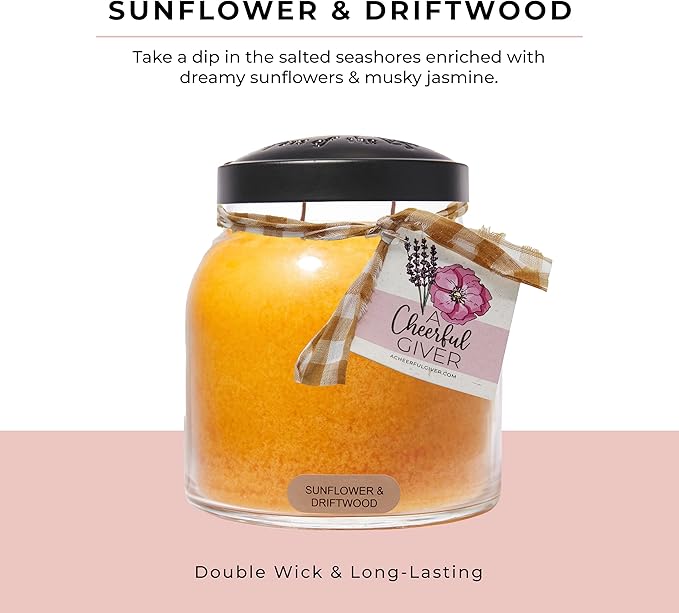 A Cheerful Giver - Sunflower & Driftwood - 34oz Papa Scented Candle Jar with Lid - Keepers of The Light - 155 Hours, Gift Candle, Yellow, Big Candles for Home Decoration