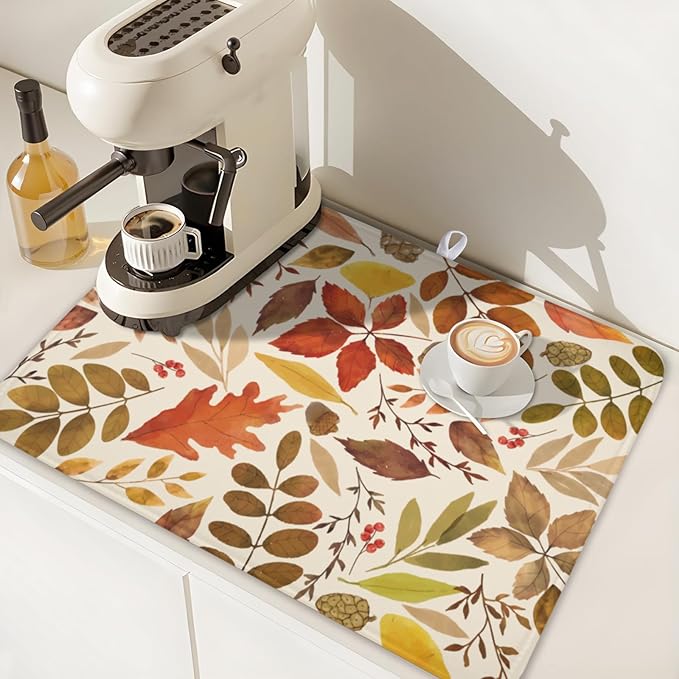 Fall Dish Drying Mat for Kitchen Counter 24x18 Inch Watercolor Autumn Maple Leaf Drying Mat with Absorbent Reversible Microfiber Dish Drainer Mats Rack Pad for Coffee Bar Countertop Protector