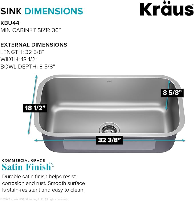 KRAUS Premier 32-inch Undermount Single Bowl 18-Gauge Stainless Steel Kitchen Sink with Bottom Grid and Strainer, KBU44