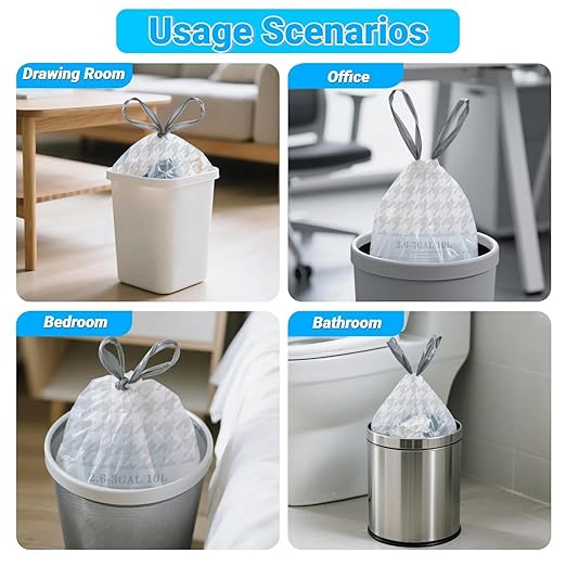OKKEAI 2.6 Gallon Small Trash Bags White Drawstring Bathroom Garbage Bags – 90 Count Tear-Free, Heavy Duty Printed Liners, Leak-Proof White Trash Bag for Kitchen, Office, Multipurpose Use