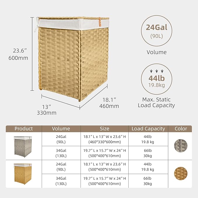 Woven Laundry Hamper with Lid,24Gal (90 L) Rattan Wicker Laundry Basket 2 Sections with Lid, Removable Machine Washable Line, Large Clothes Hamper with Handles for Bathroom Bedroom, Yellow
