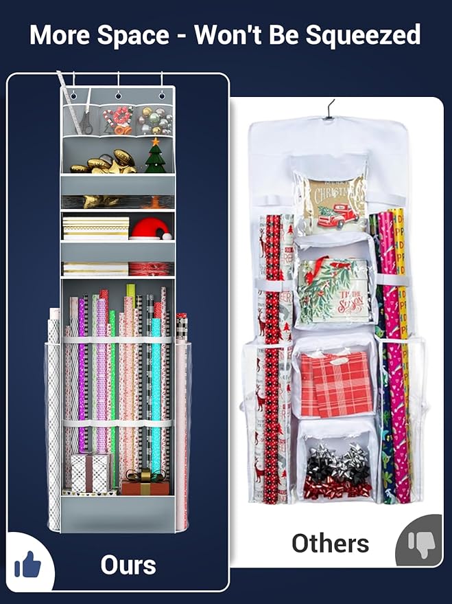 Hanging Gift Wrapping Paper Storage, Christmas Wrapper Bag Container, Long Craft Roll Organizer, Present Wrap Holder for Closet, Door, Grey