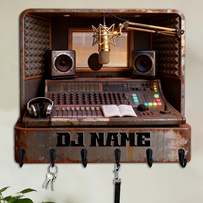 Personalized 2D Flat Print Music Producer Themed Wall Hooks for Women Men Family Friends Custom Music Recording Studio Key Storage Holder Radio Station Coat Rack Home Decor Gift for Culb Living Room