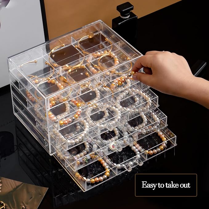 SPAKOWN Earring Organizer, Acrylic Earring Box Large 30 Compartments Jewelry Holder Organizer with 5 Drawers Stackable Earring Bracelet Storage Case Jewelry Boxes for Women (Clear)