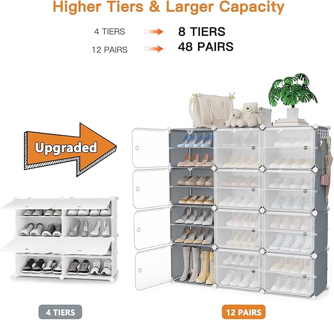 Portable Shoe Rack Organizer with Covers 48-Pair Shoe Storage Cabinet with Doors Stackable Shoes Rack Shoe Organizer for Closet Entryway FreeStanding Closed Shoe Rack Shoe Storage Shelf Cabinet
