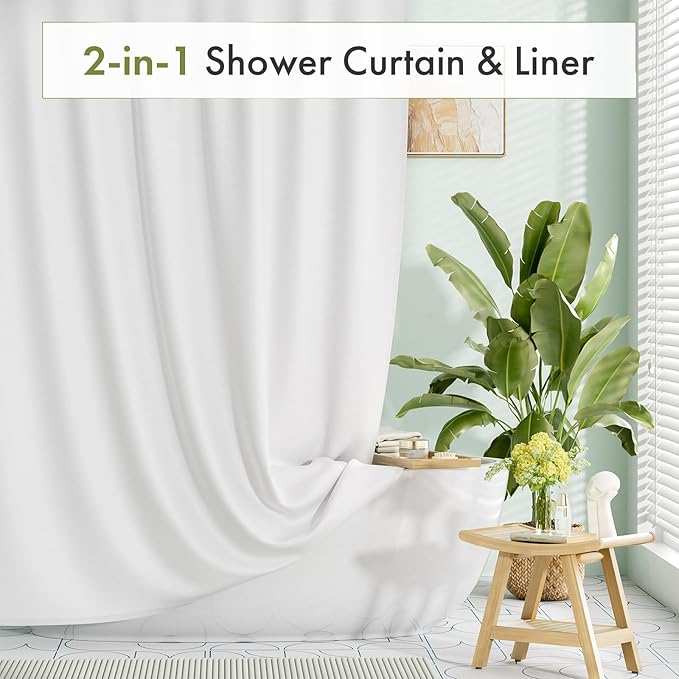 Amazer Long Shower Curtain Liner Washable 72x80 Inches, White Shower Liner Fabric with 2 Bottom Stones, Waterproof 2-in-1 Shower Curtain and Liner, 12 Grommet Holes, 120 GSM, White