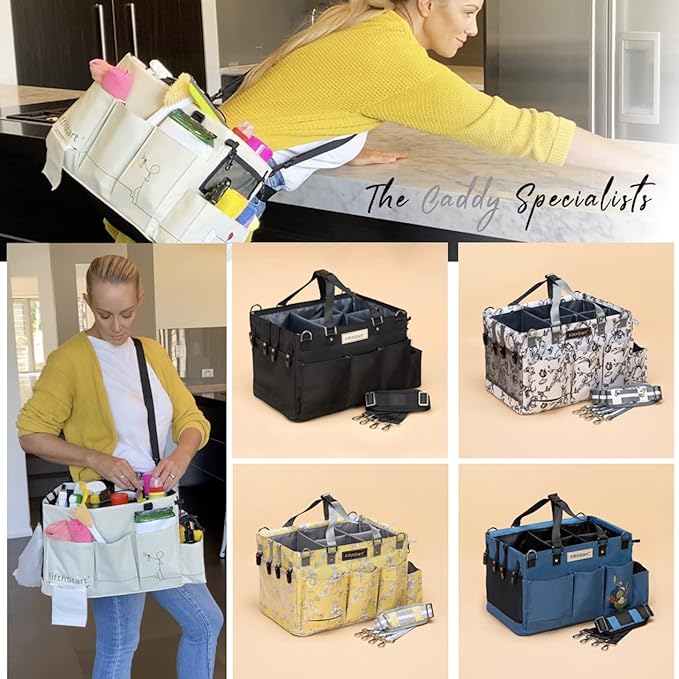 FifthStart Cleaning Caddy for Cleaning Supplies - Large Cleaning Bag Organizer Tote with Shoulder Strap, Mesh Base & Adjustable Dividers - Heavy Duty Cleaning Bags for Housekeepers (Blue Check, Large)