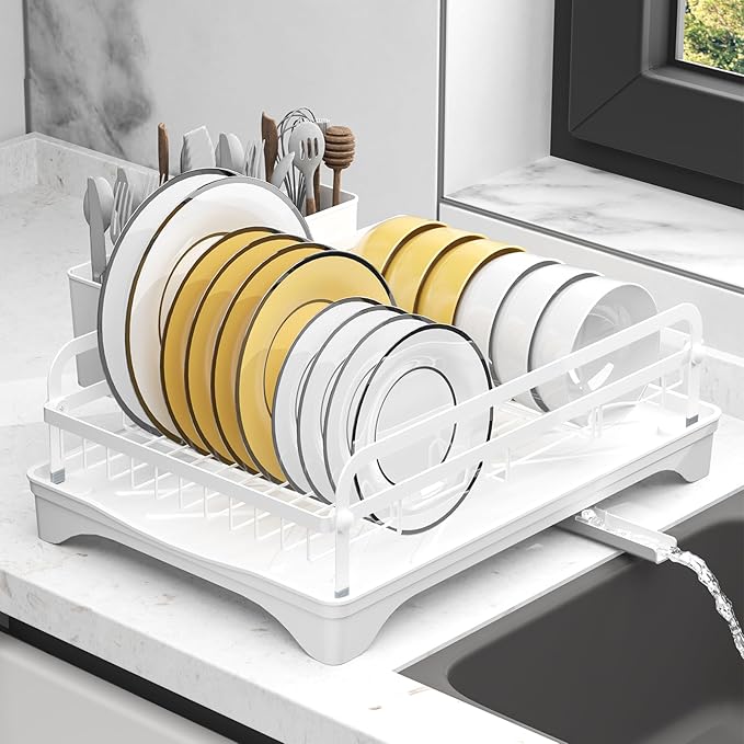 HOMEAILIE Dish Drying Rack,Dish Racks for Kitchen Counter, Metal Dish Drainer with Adjustable Drainage Spout, Removable Knife and Fork Holder (White)
