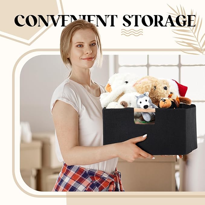 3 Pack Fabric Storage Bins for Closet Shelves, Rectangle Wardrobe Organizer with Handle, Collapsible Shelves Storage Basket for Sorting Clothes and Toy (Black,15 x 10.6 x 6 Inch)
