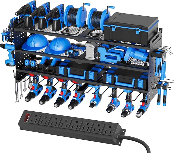 Power Tool Organizer Wall Mount with Charging Station, 4 Layers 8 Drill Holder, Heavy Duty Storage Utility Racks, Supports 600 lbs,Battery Shelf for Garage and Workbench (32 Inch 8 Drills Holder)