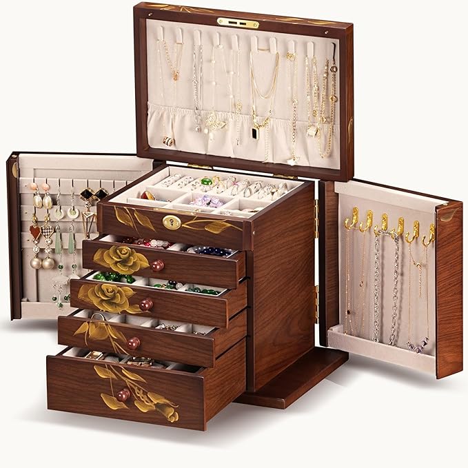 Hand-Painted rose Wooden Jewelry Boxes for Women - 8-Layer Large Lockable Jewelry Box with Compartments, Dresser Top Jewelry Organizer, Vintage Wooden Jewelry Storage