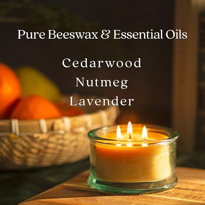 Bluecorn Beeswax 3-Wick Candle, 100% Pure Bees Wax, Cedarwood, Nutmeg & Lavender Essential Oils Candle Wax, Clean Burning, Long Lasting, Gifts for Women & Men, American Made, 10 Oz