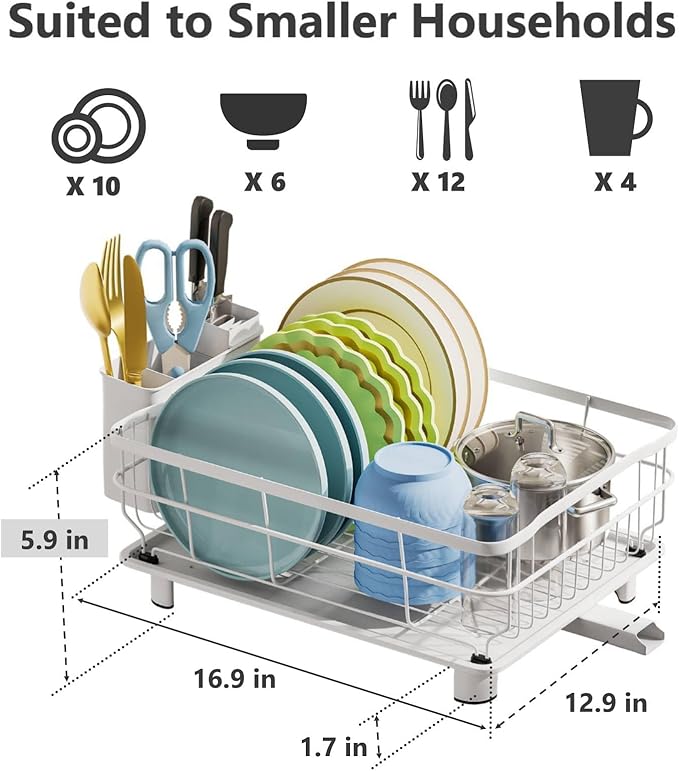 AIDERLY Iron Dish Drying Rack Auto Drain Dish Drainers Kitchen Counter Strainer with Draining Tray, All White