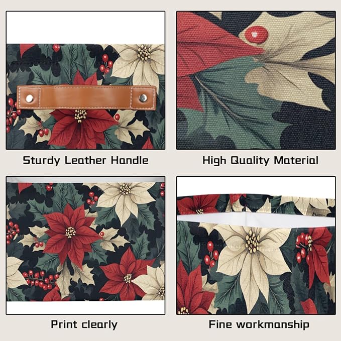 Storage Baskets Bin, Christmas Winter Poinsettia Collapsible Canvas Fabric Storage Bin Decorative Baskets Toy Organizer Rectangle Storage Boxes with Handles for Home Shelves Nursery, J-007