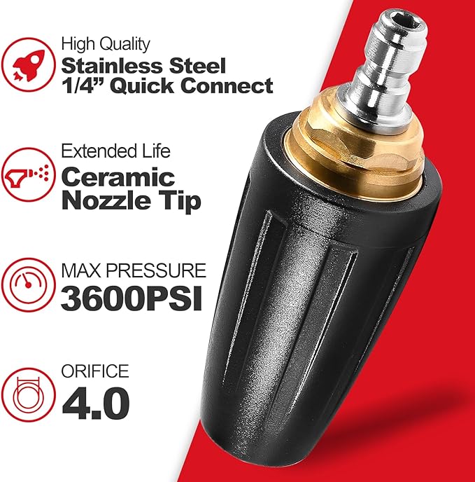 YAMATIC Pressure Washer Tips Turbo Nozzle, 360° Rotating Spray Turbo 3600 PSI 4.0GPM with 1/4" Quick Connector, Compatible with Ryobi, Greenworks, Craftsman, Troybilt, Simpson