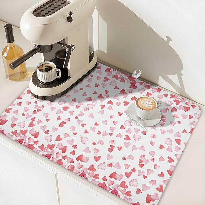 Valentine’s Day Dish Drying Mat for Kitchen Counter 24x18 Inch Watercolor Love Drying Mat with Absorbent Reversible Microfiber Pink Dish Drainer Mats Rack Pad for Coffee Countertop Protector