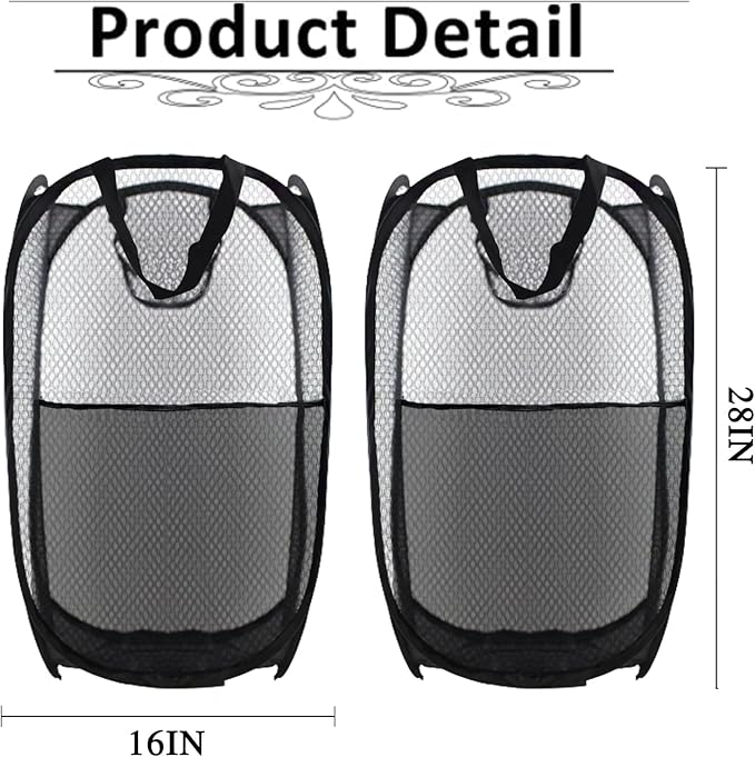 Buyongwant Collapsible Pop Up Laundry Hamper, Extra Large Mesh Foldable Laundry Basket Bag, 28" x 16" x 16", 2 Pack (Black)
