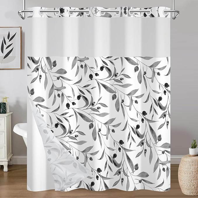TQUQOBU No Hook Grey Leaves Shower Curtain and Liner Set, Modern Botanical Aesthetic Hotel Style Waterproof Fabric Shower Curtain with See Through Top Window, Machine Washable, 71x74 Inch