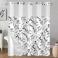 TQUQOBU No Hook Grey Leaves Shower Curtain and Liner Set, Modern Botanical Aesthetic Hotel Style Waterproof Fabric Shower Curtain with See Through Top Window, Machine Washable, 71x74 Inch