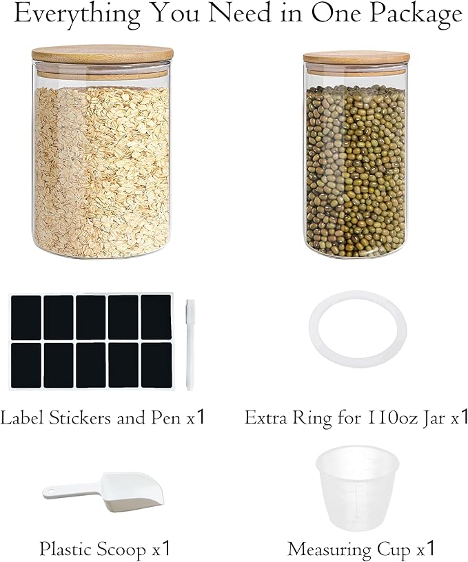 EQEY Glass Storage Jars Set Elegant Containers with Airtight Bamboo Lids, Perfect for Kitchen Organization - Flour, Rice, Pasta, Sugar, Coffee Beans, Accessories Included (2 packs(37oz / 110oz))