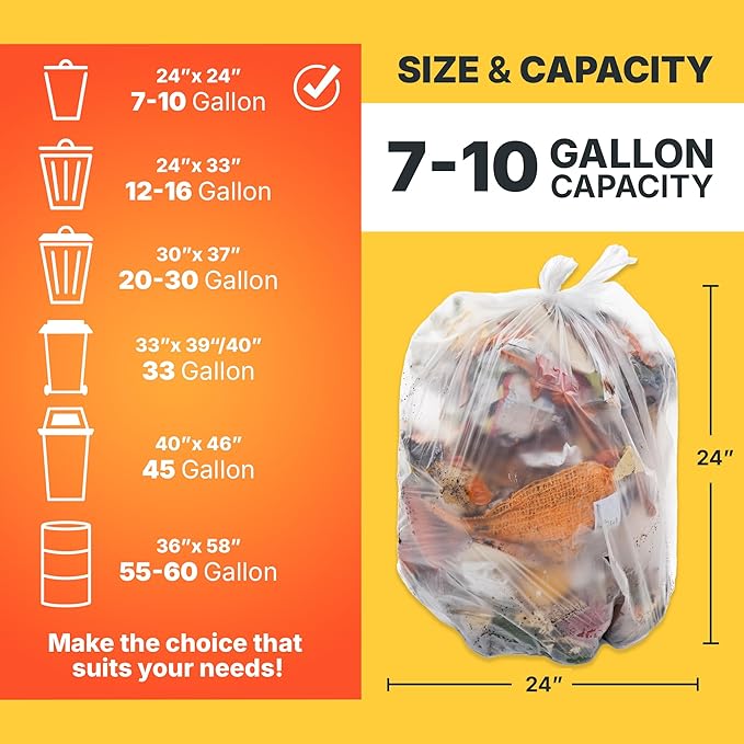 Bagtron 7-10 Gallon Trash Bags, 8 Micron High Density Garbage Can Liners Bulk, 24" x 24", Natural Clear, 1000 Count