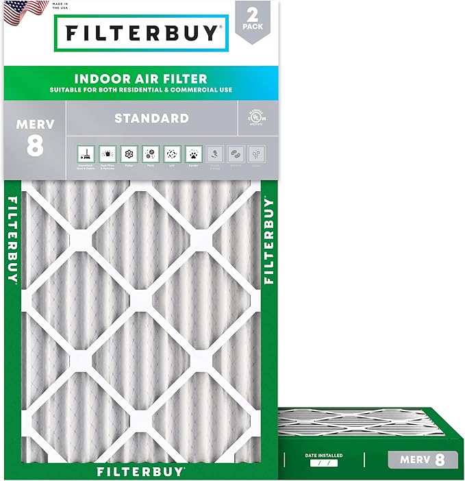 Filterbuy 17.25x35.25x2 Air Filter MERV 8 Essential Dust & Allergy Defense (2-Pack), Electrostatic Pleated HVAC AC Furnace Filters Replacement, Made in USA (Actual Size: 17.25 x 35.25 x 1.75)
