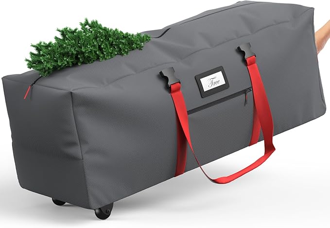 Rolling Christmas Tree Storage Bag for 9 ft Artificial Tree, 600D Waterproof Oxford Fabric, Large Christmas Tree Bag with Dual Zipper, Wheels, Handles, Heavy Duty Xmas Storage Container - Gray