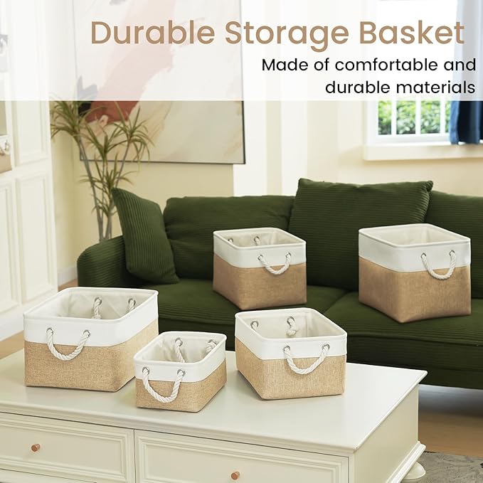 Large Storage Baskets- 15x11x10 inch Storage Bins for Shelves and Closet Organizing, Foldable Fabric Bin for Home Organization Clothes and Laundry (3-Pack, White&Khaki)