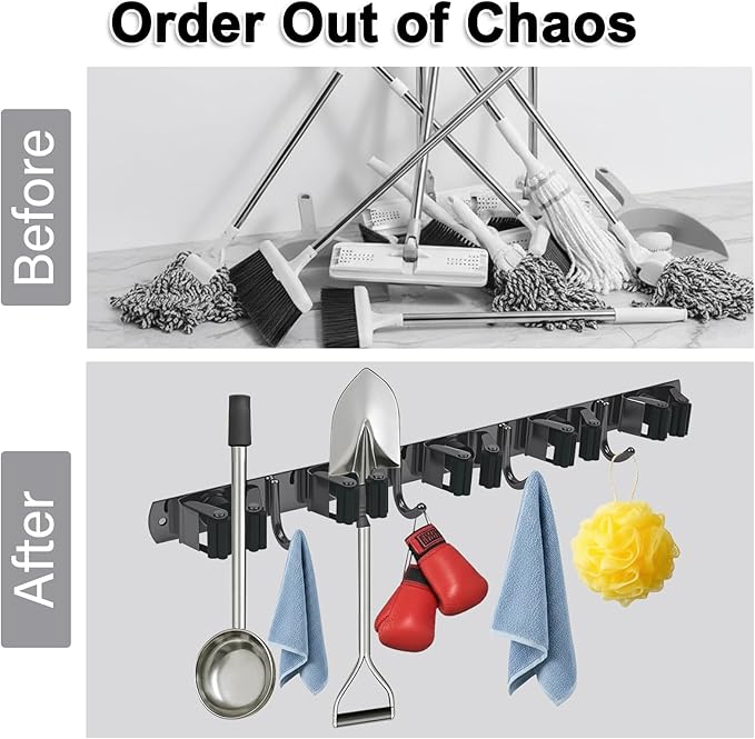 2 Packs 5 Racks and 4 Hooks Mop and Broom Holder Wall Mount, SUS304 Heavy Duty Broom Organizer Storage Tool Racks, Self Adhesive Solid Non-slip Tool Hangers for Home Kitchen Garden Laundry Garage