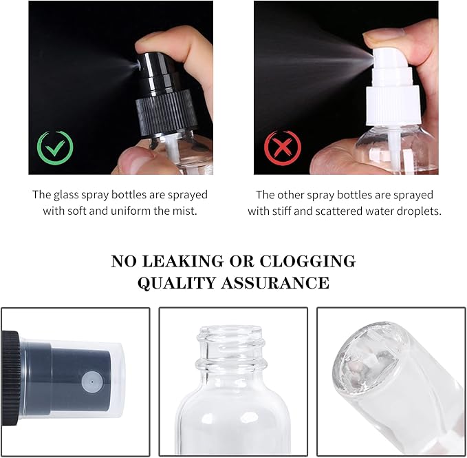 2oz Glass Spray Bottle, Fine Mist Boston Glass Bottles with Black Fine Mist Sprayer Small Clear Bottles for Essential Oils, Bath, Beauty, Hair & Cleaning, Clear, Pack of 24