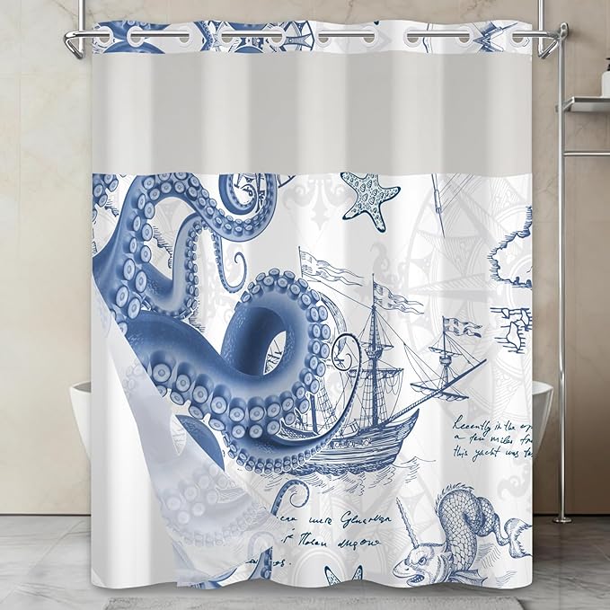 No Hook Shower Curtain and Liner Set, Nautical Navy Blue Shower Curtain with Translucent Window, Double-Layer Waterproof Bathroom Shower Fabric Curtains, Retro Coastal Octopus Pattern, 71x74 Inches