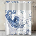 No Hook Shower Curtain and Liner Set, Nautical Navy Blue Shower Curtain with Translucent Window, Double-Layer Waterproof Bathroom Shower Fabric Curtains, Retro Coastal Octopus Pattern, 71x74 Inches