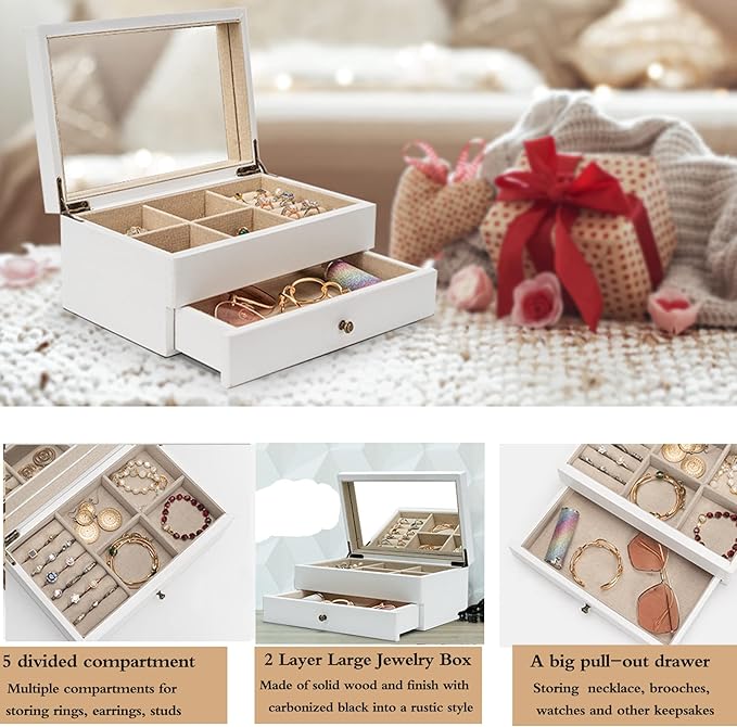 Meangood Jewelry Box Organizer for Women, 2 Layer Large Jewelry Storage Case, Rustic Wooden Jewelry Box with Mirror & Ring Tray for Necklace Earring Bracelets Rings, Vintage Style (White)