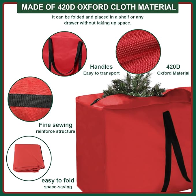 Christmas Tree Storage Bag - Extra Large 420D Tree Storage Holiday Bags for Disassembled Artificial Trees (Fits 9ft-12ft), Waterproof Double Zippers and Durable Handle, 68"L x 30"W x 20"H, Red,2 Pack