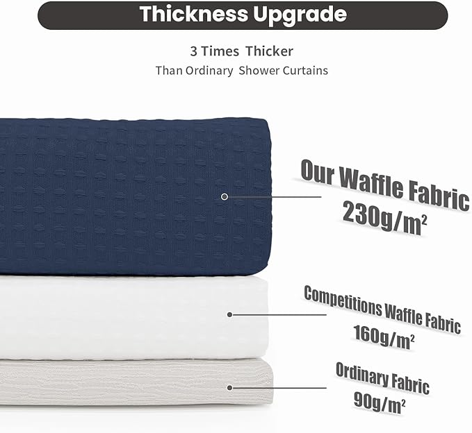 Inhousolu No Hook Waffle Weave Shower Curtain with Removable Snap in Fabric Liner Set for Bathroom, 230 GSM Heavy Duty Weighted Hem, Water Repellent Washable Bath Curtains, 72 x 72 Inch, Navy Blue