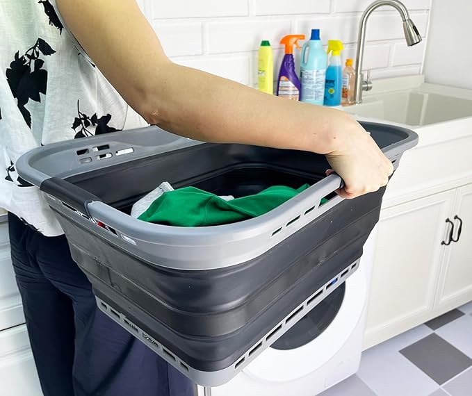 SAMMART 42L (11 Gallon) Collapsible Plastic Storage Basket - Foldable Pop Up Storage Container/Hamper - Portable Laundry Organizer - Space Saving (Grey/Black, 42L (Style A))