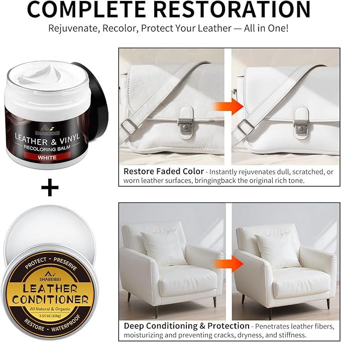 SHABEIBEI Leather Recoloring Balm with 100ml Mink Oil, White Leather Repair Kit and Scratch Remover for Furniture, Car Seats, Sofas, Dye & Restorer for Couches, Vinyl, PU, Faux