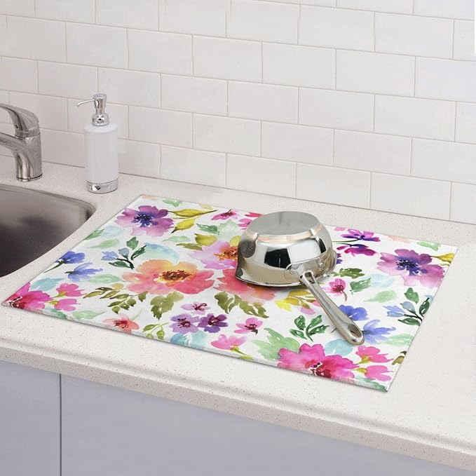 Floral Dish Drying Mats for Kitchen Counter Large Drying Mat for Dishes Microfiber Dish Rack Mat Kitchen Decor Spring Summer Flowers Drainer Pad Washable Ultra Absorbent Dry Mat 18×24 Inch