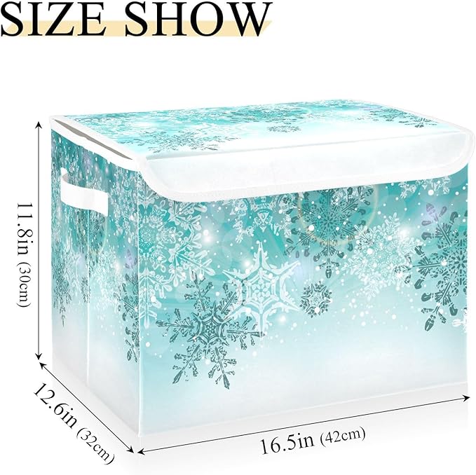 Senya Collapsible Storage Bins with Lids, Silver Winter Teal Turquoise Snowflakes Christmas Storage Boxes Clothes Baskets for Organizing