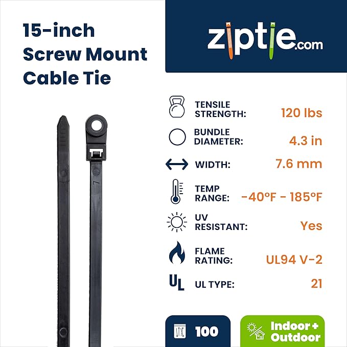 ZipTie.com 15-Inch Black Zip Ties With Screw Hole - 120-lb Tensile Strength Cord Management & Secure Mounting - UL 21 Listed Tie Wraps - Indoor & Outdoor Multi-Purpose (100-Pack)