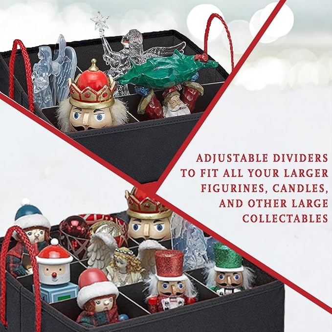 Christmas Nutcracker and Figurine Collectible Storage Box - Stores Up to 9-16" Tall Nutcrackers, Ornaments, and More - Holiday Decor Organizer with Adjustable Dividers - Nutcracker NOT Included