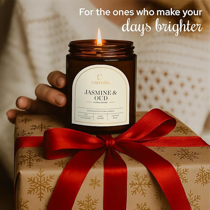 Carnatia Jasmine & Oud Scented Candle – 7 oz | 100% Soy Wax with Cotton Wick | 50 Hour Burn | Aromatherapy Candle for Home, Mood Lift & Relaxation | Gift for Women & Men