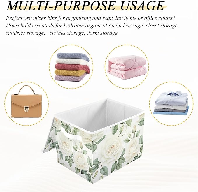 Flower Baskets Collapsible Storage Bins with Lids, White Rose Flower Storage Boxes Clothes Baskets for Organizing