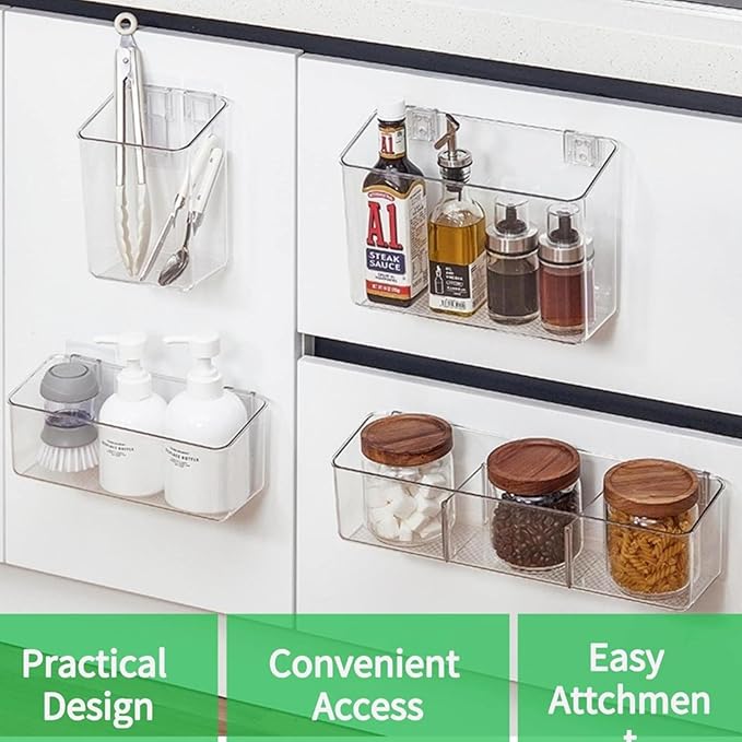 vacane 2 Pack Plastic Adhesive Mount Over Cabinet Door Organizer, Wall Organization Container Makeup Organizer Hanging Basket Bins for Kitchen, Pantry, Craft Room, Office, Space Saving Holder