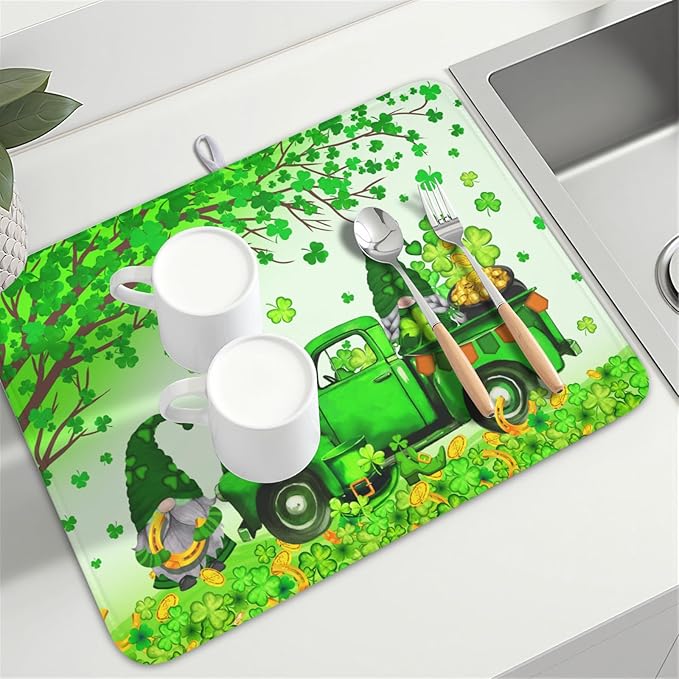 Kwlegh St Patrick's Day Shamrock Dish Drying Mat for Kitchen Counter Green Gnome Truck Dish Dry Mat St Patrick Spring Drying Mats Microfiber Absorbent Dish Drainer Rack Mat Large 18x24 Inch