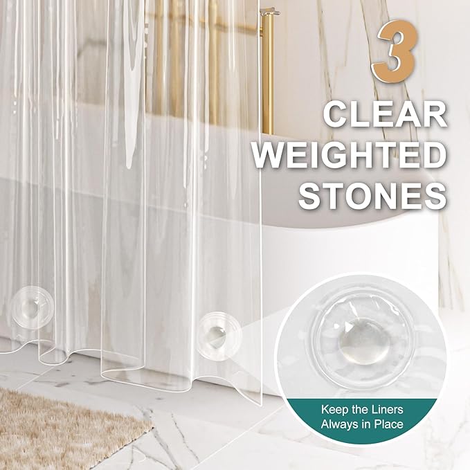 AmazerBath Heavy Duty Shower Curtain Liner 12 Gauge, 72 x 96 Inches Clear Shower Curtain Liner with 3 Clear Stones and 12 Grommet Holes, Weighted Plastic Shower Liner